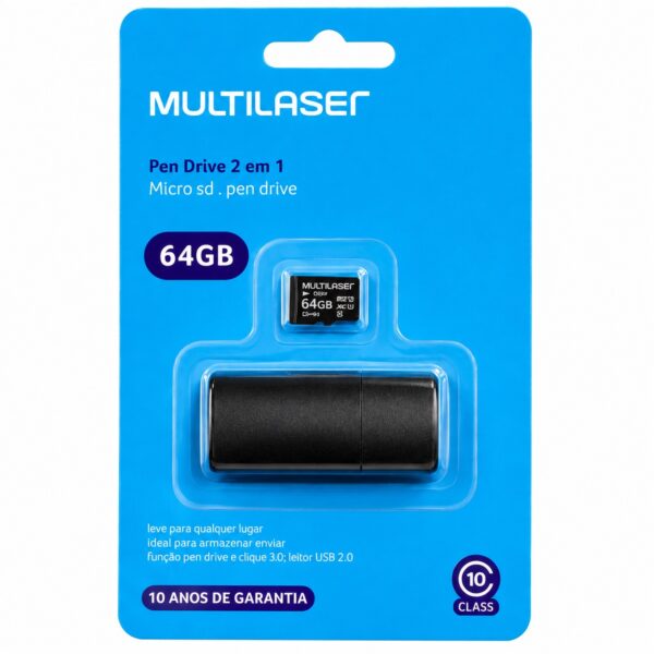 Pen Drive 2 em 1 Multilaser 64GB com Micro SD e Adaptador USB 2.0